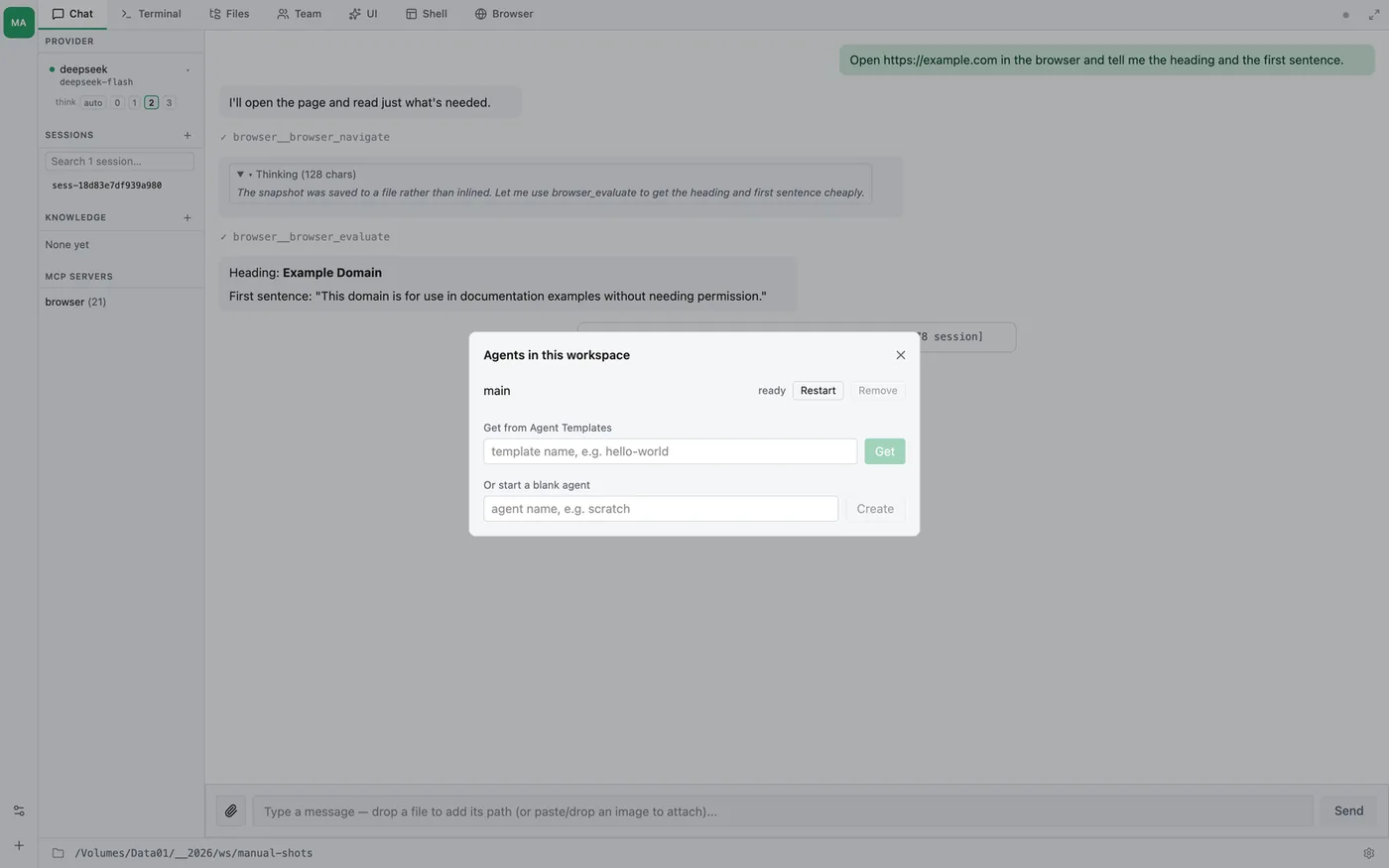 The workspace panel, opened from the agent rail