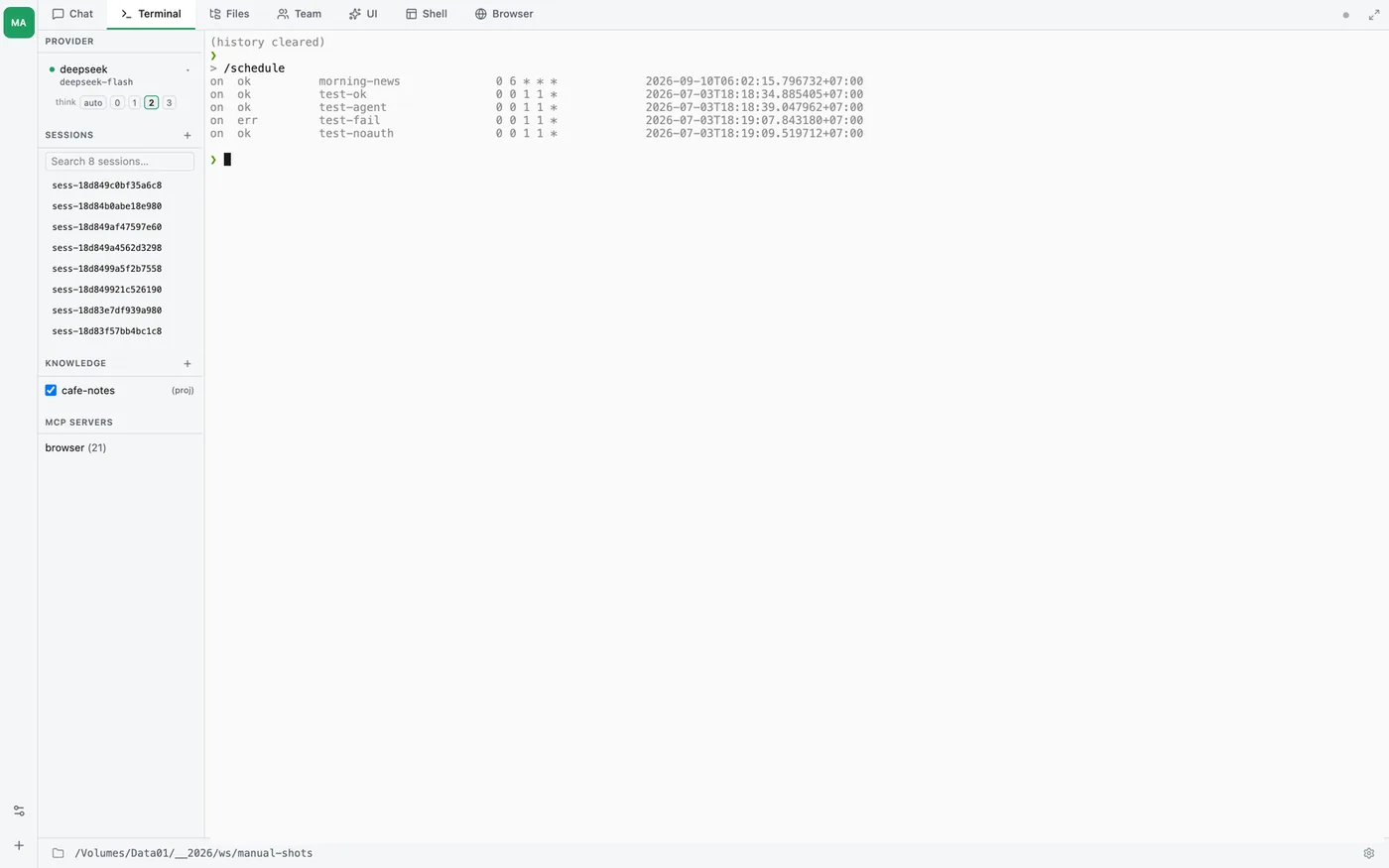 /schedule — one row per job: state, last result, name, cron expression and next fire